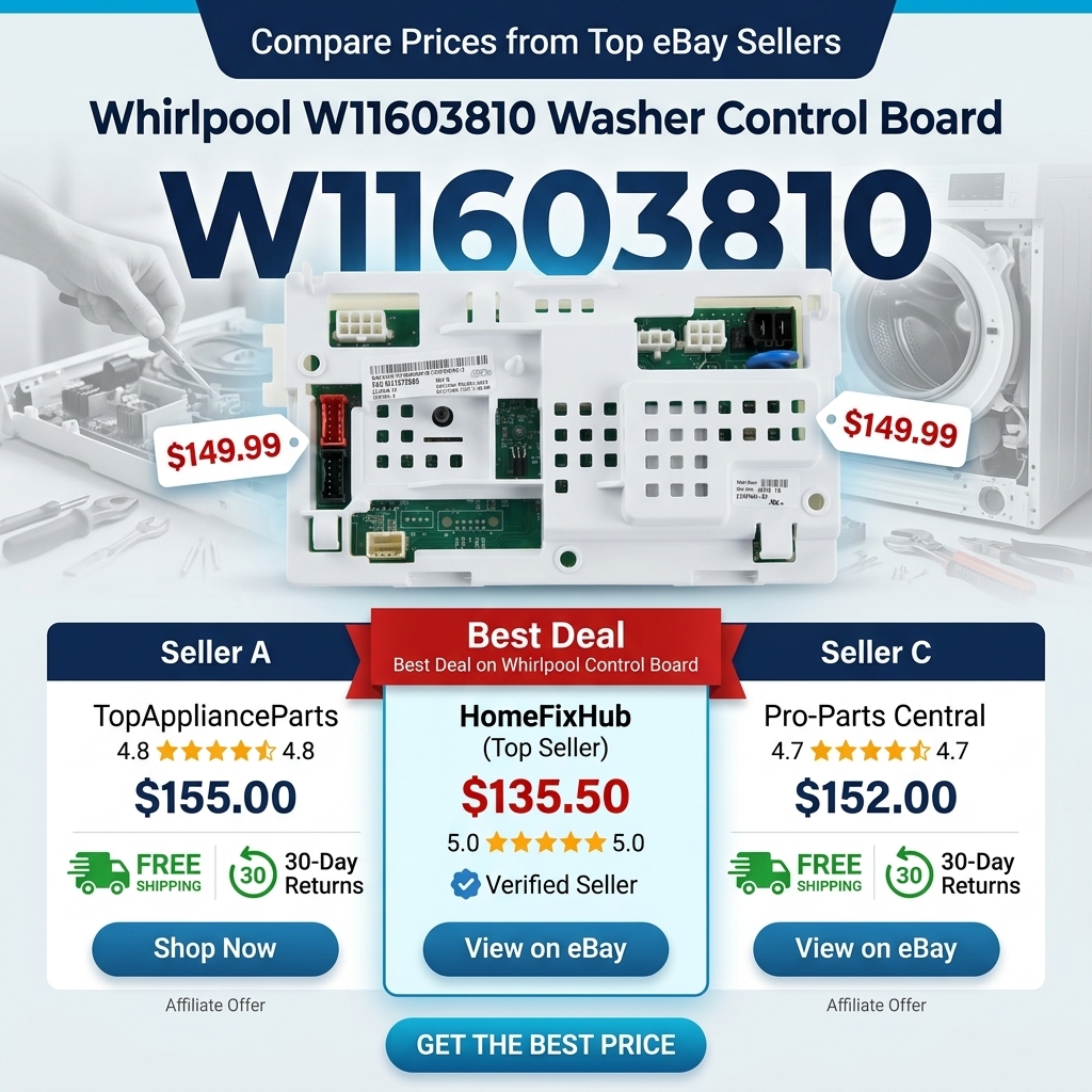 Whirlpool W11603810 washer control board comparison banner showing prices from top eBay sellers with free shipping and 30-day returns.