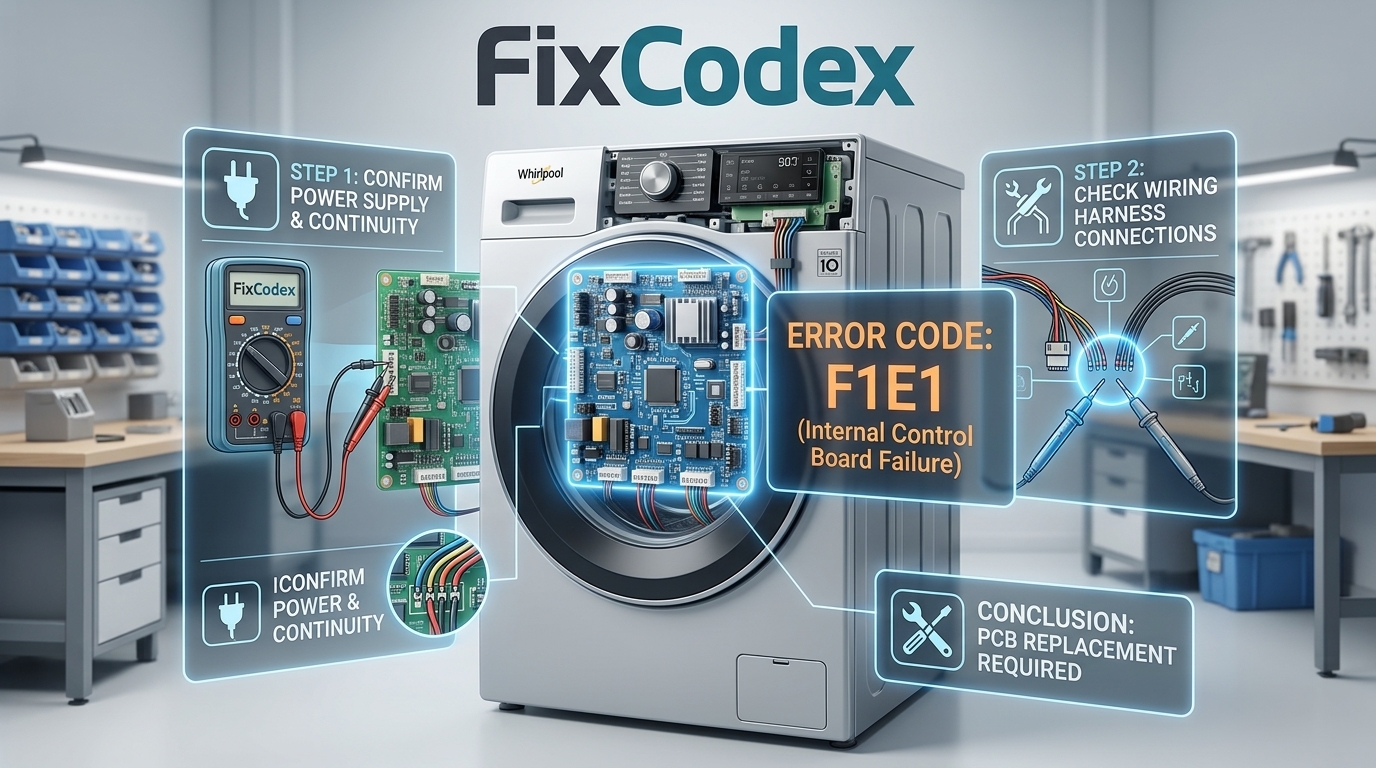 Step-by-step diagnosis of Whirlpool washer control board problems showing wiring checks, error codes, and multimeter testing