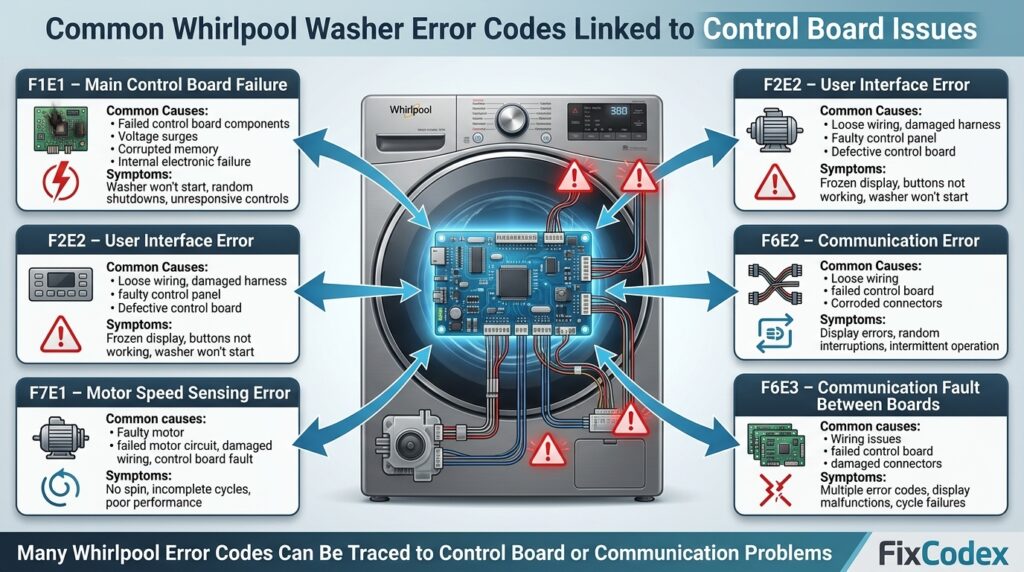 Infographic showing Whirlpool washer control board error codes including F1E1, F2E2, F6E2, F6E3, and F7E1, along with their causes and common symptoms.