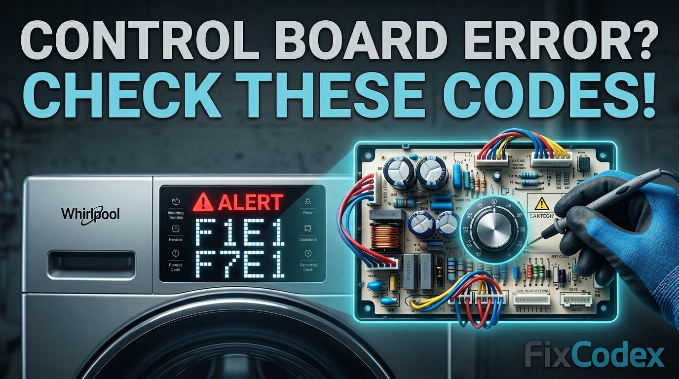 Whirlpool washer displaying F1E1 and F7E1 error codes with a highlighted electronic control board during troubleshooting.