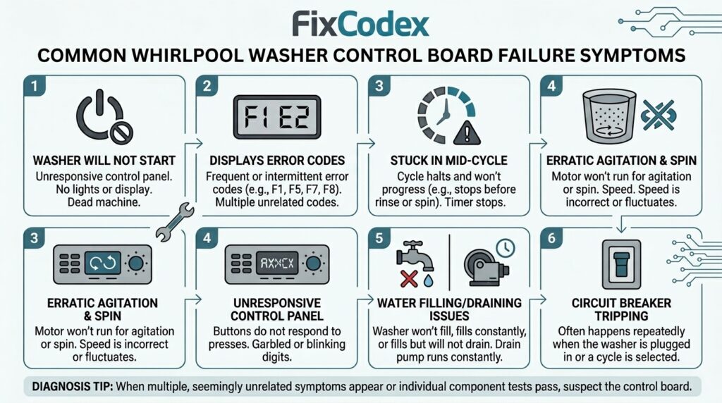 Diagram showing common Whirlpool washer control board failure symptoms including error codes, unresponsive controls, cycle failure, and flashing lights