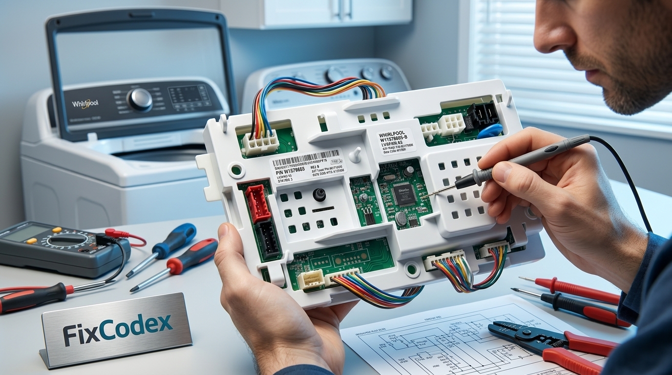 Whirlpool washer control board removed from a washing machine for troubleshooting, diagnosis, and replacement.