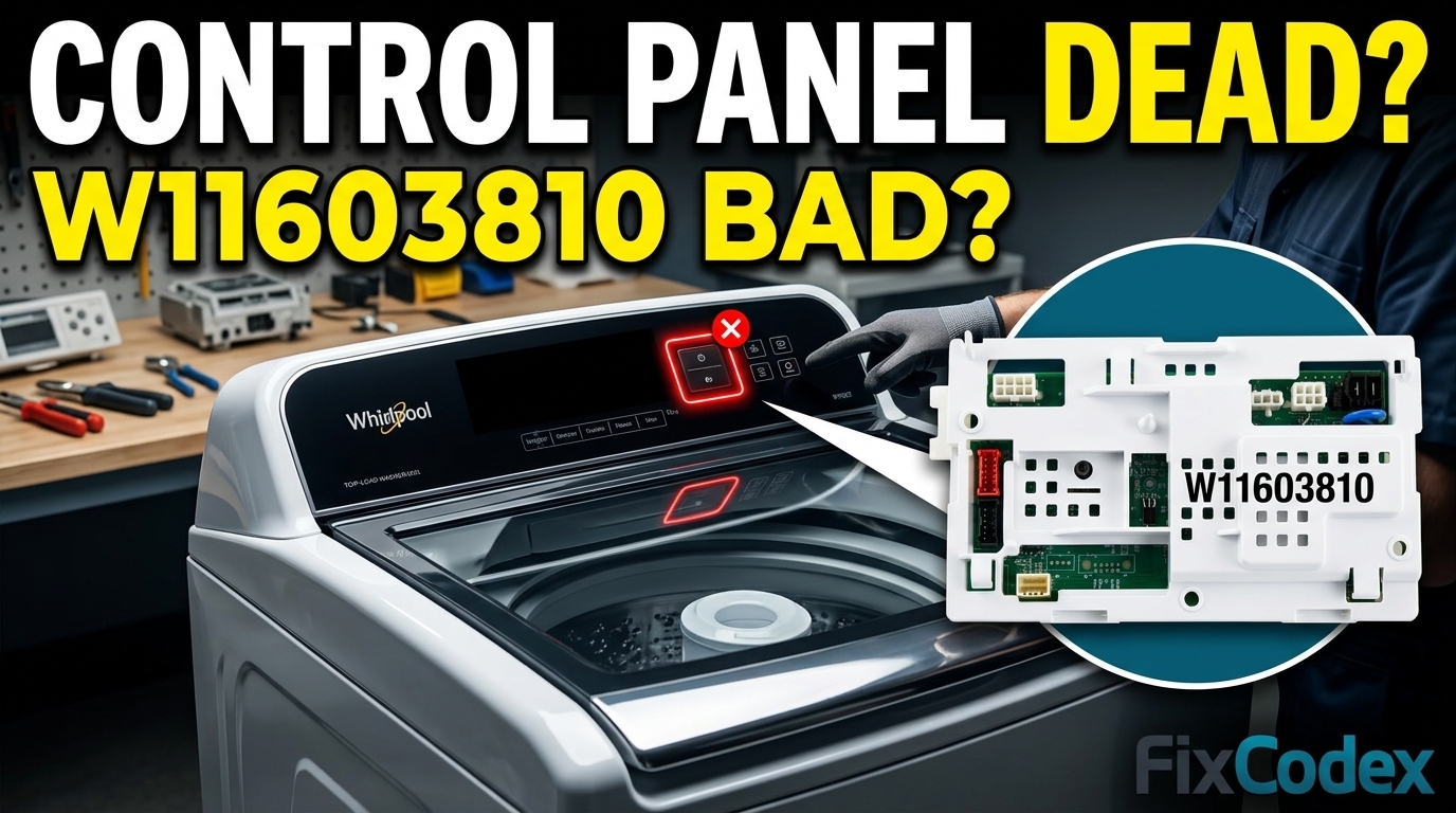 Whirlpool washer control panel not responding with W11603810 control board highlighted during troubleshooting diagnosis.