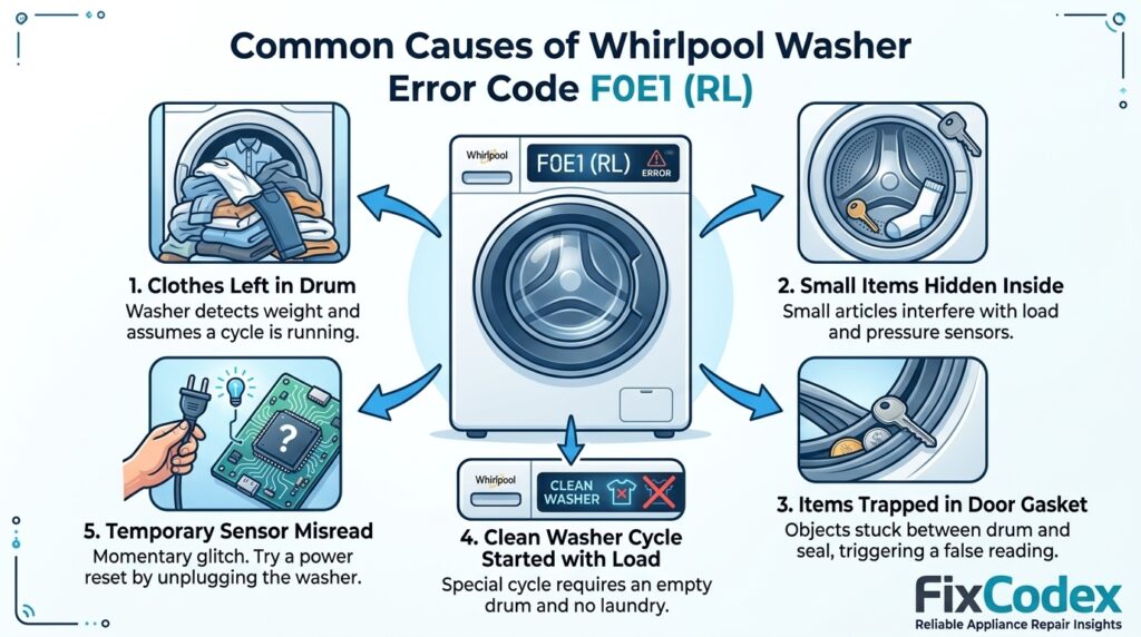 Common causes of Whirlpool washer error code F0E1 (RL) infographic showing load detected during Clean Washer cycle