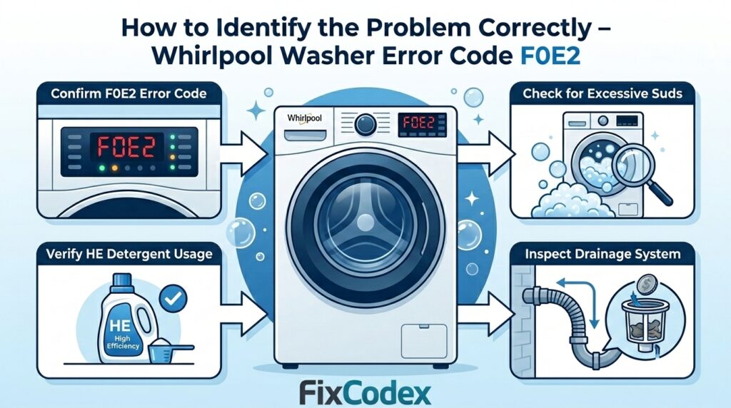 How to identify Whirlpool washer error code F0E2 by checking excessive suds, detergent use, and drainage system