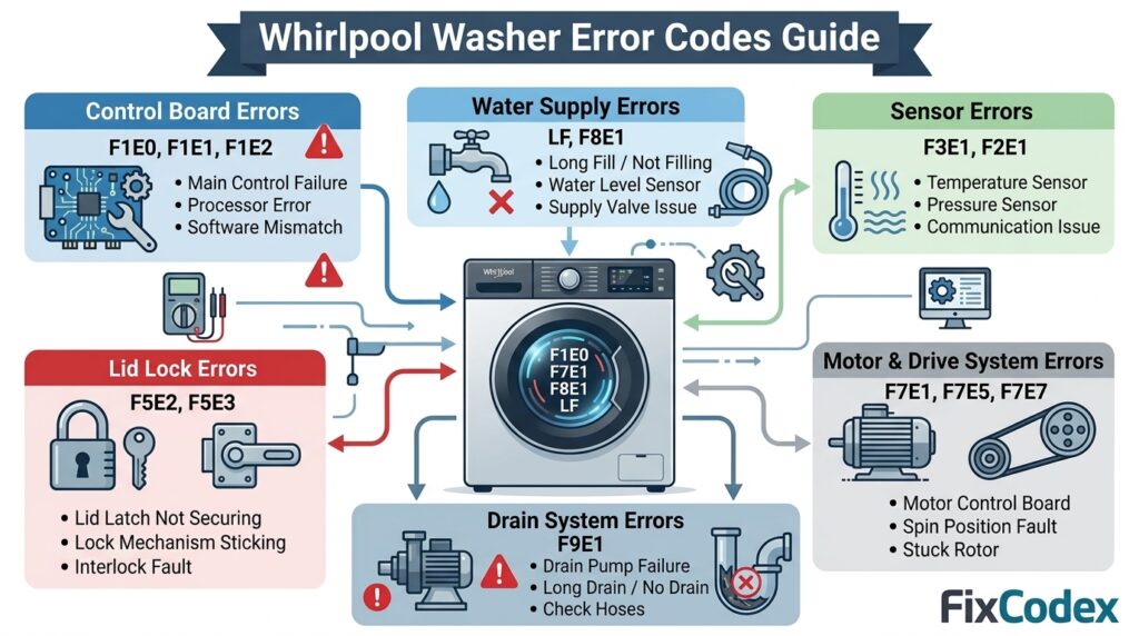 Infographic showing common Whirlpool washer error codes organized by control board, motor, water supply, drain system, lid lock, and sensor categories.