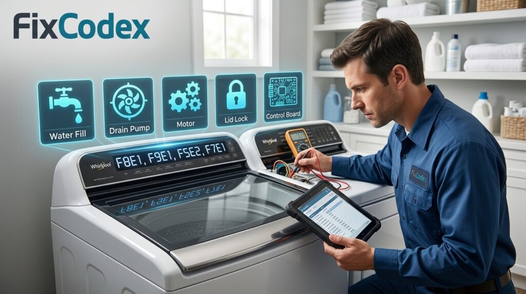 Whirlpool washer displaying error codes with troubleshooting icons for water fill, drain pump, motor, lid lock, and control board repairs.
