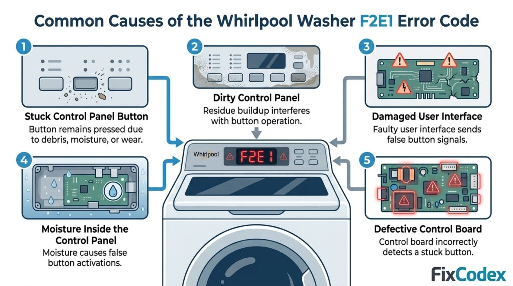 Diagram showing the common causes of the Whirlpool Washer F2E1 Error Code, including a stuck button, dirty control panel, damaged user interface, moisture intrusion, and a defective control board.