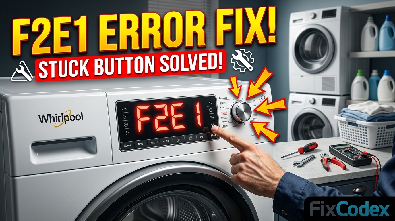 Whirlpool washer displaying the F2E1 error code with a highlighted stuck control panel button and troubleshooting concept.