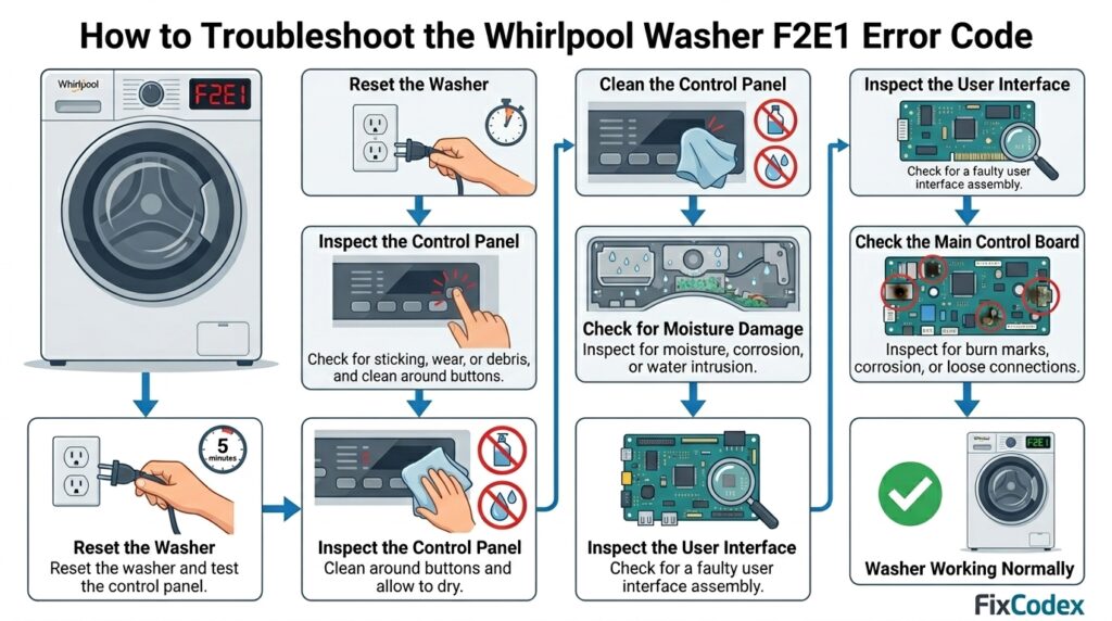 Step-by-step troubleshooting flowchart for the Whirlpool Washer F2E1 Error Code, showing washer reset, control panel inspection, cleaning, moisture checks, user interface testing, and control board diagnosis.