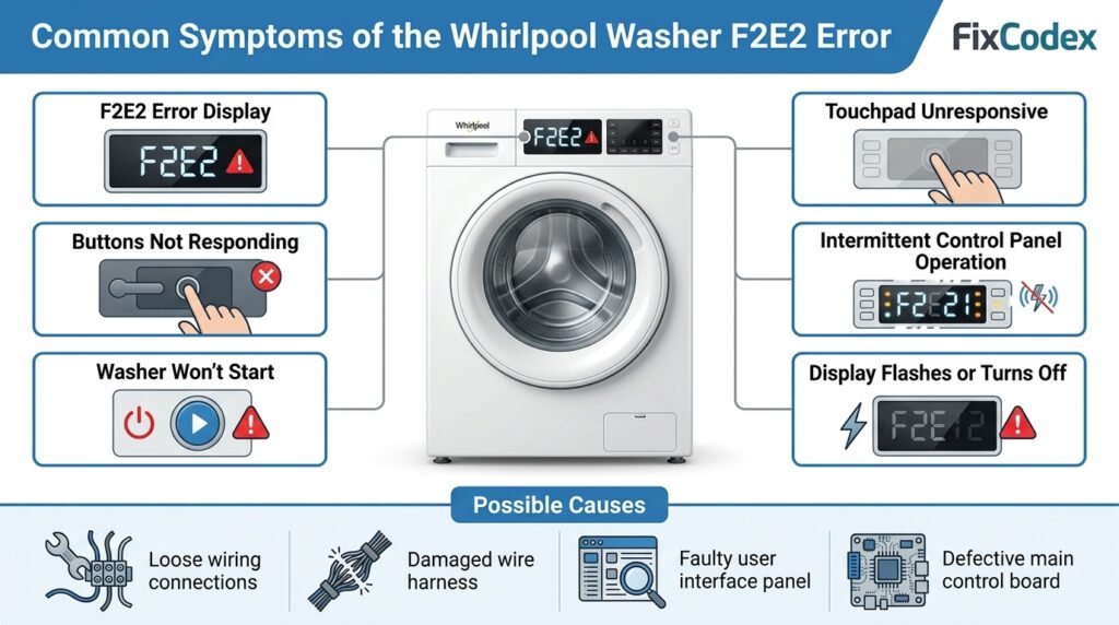 Infographic showing common symptoms of the Whirlpool Washer F2E2 Error Code, including an unresponsive control panel, flashing display, and washer failing to start.