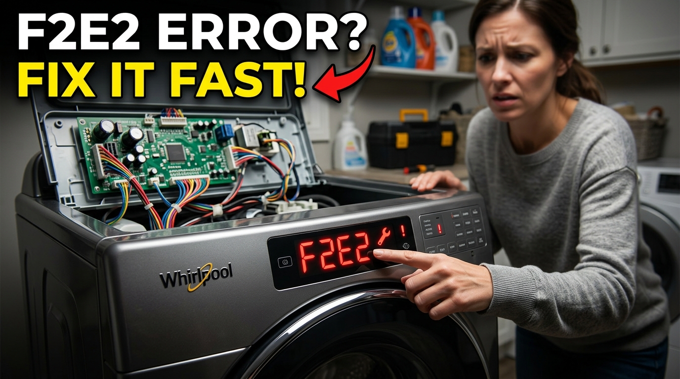 Whirlpool washer displaying F2E2 error code on the control panel during troubleshooting and repair.