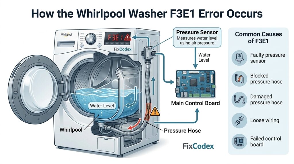 Technical diagram of a Whirlpool washing machine illustrating the relationship between the wash tub, pressure hose, pressure sensor, control board, and F3E1 error code display when the washer cannot accurately detect water levels.