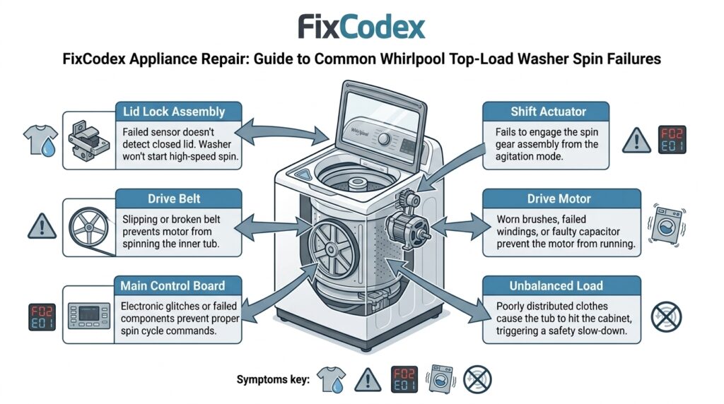 Diagram showing common Whirlpool washer spin cycle failure causes including lid lock, shift actuator, drive belt, motor, control board, and unbalanced loads.