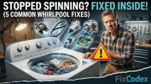 Whirlpool washing machine not spinning with wet clothes and highlighted components commonly responsible for spin cycle failures.