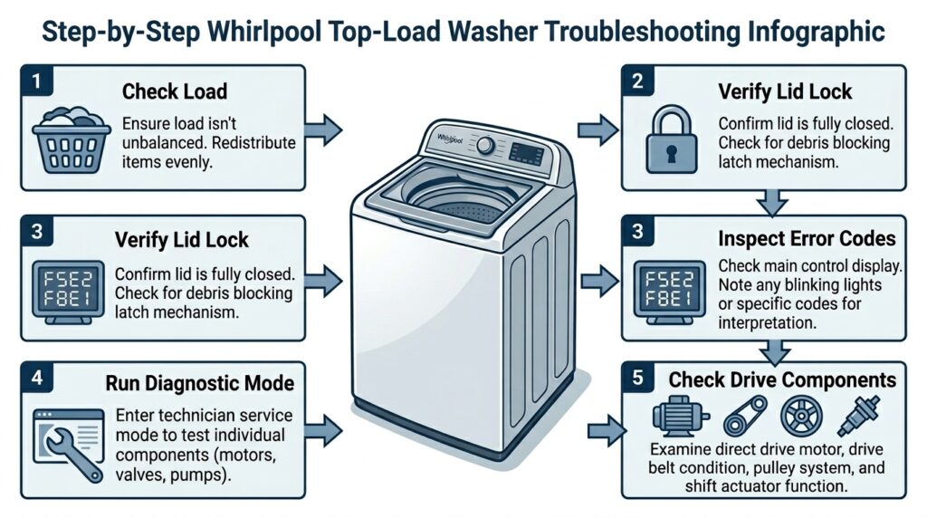 Whirlpool washer troubleshooting flowchart showing steps to diagnose a washer that will not spin.