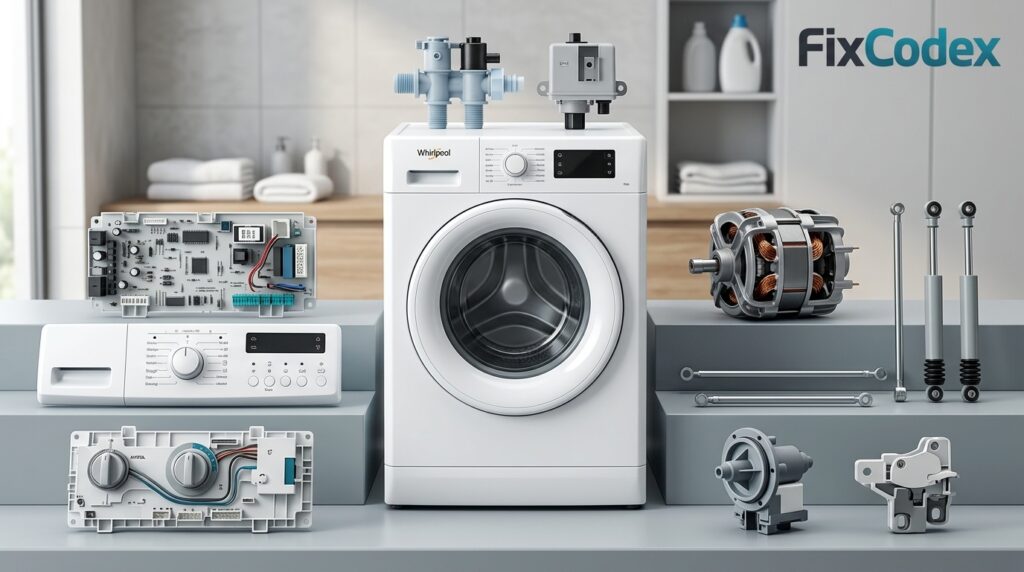 Whirlpool washer with common replacement parts including control board, drain pump, lid lock, water inlet valve, motor, and suspension rods.