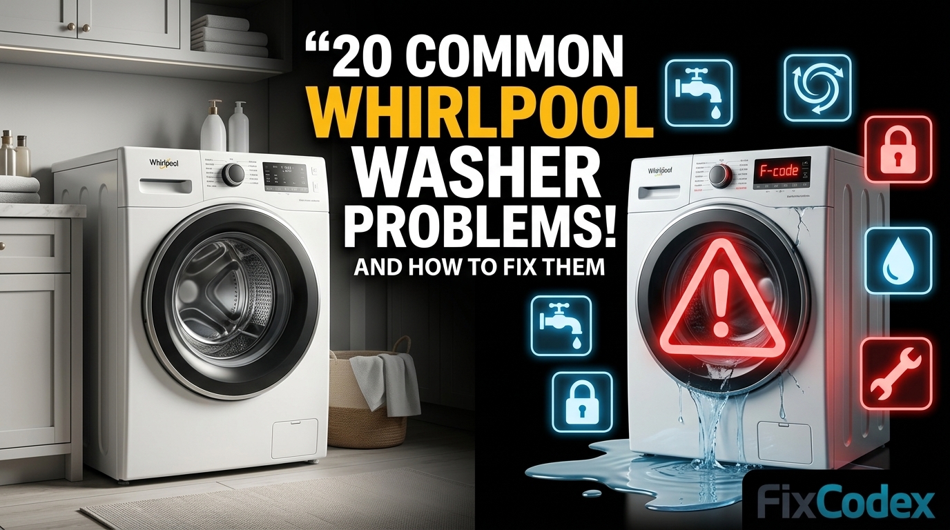 20 common Whirlpool washer problems illustrated with a broken washing machine, error symbols, and repair concept showing troubleshooting and fixes.