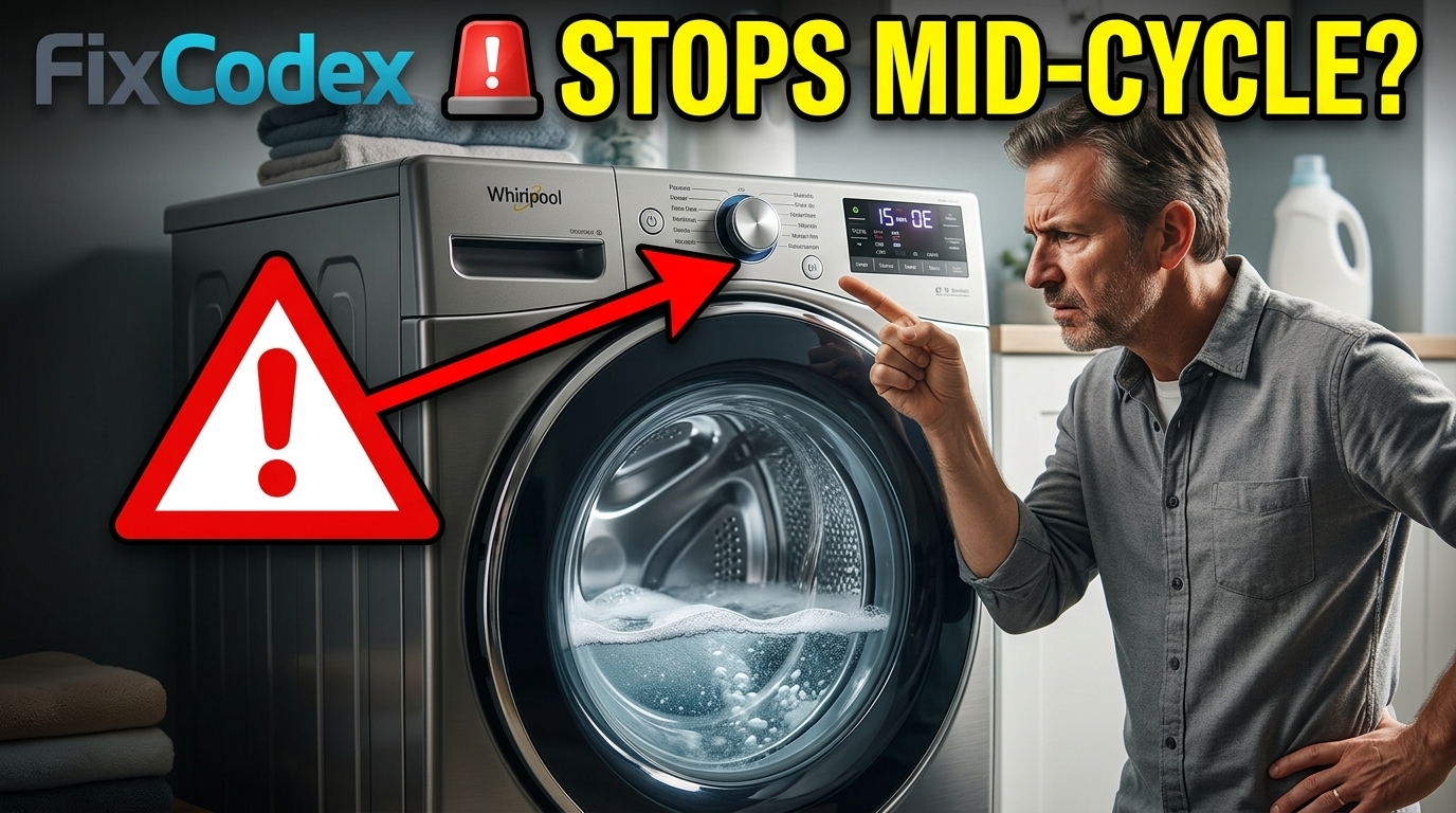Whirlpool washer stopping mid-cycle due to possible W11603810 control board failure in a home laundry room setting.
