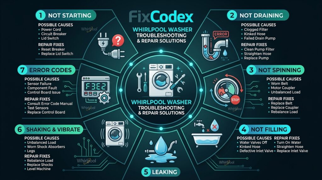 Technician troubleshooting a Whirlpool washer with icons showing common problems including not draining, not spinning, filling issues, and faulty parts.