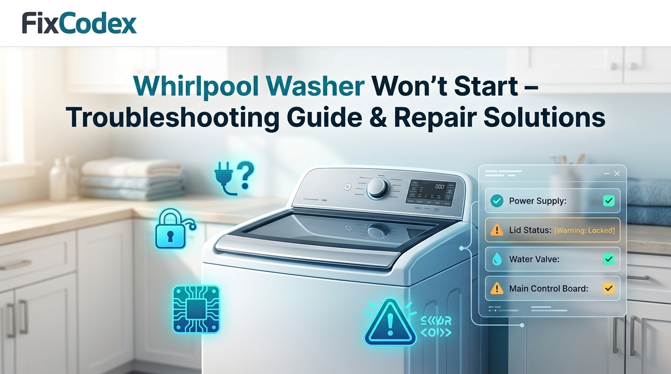 Whirlpool washer not starting troubleshooting guide showing power, lid lock, and control board issues