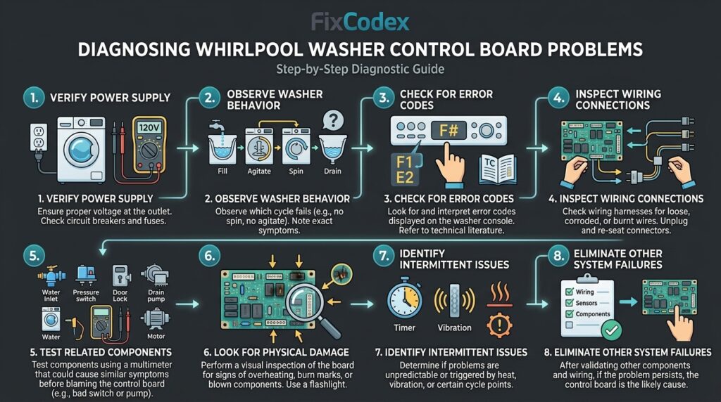 Step-by-step diagram showing how to diagnose Whirlpool washer control board problems including power check, error codes, wiring inspection, component testing, and fault isolation