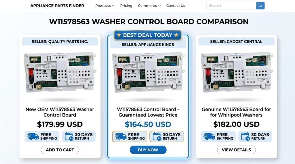 Comparison of W11578563 Whirlpool washer control board listings showing best price, free shipping, and 30-day return offers on eBay-style marketplace.
