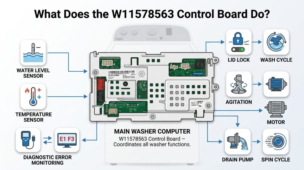 Diagram showing the W11578563 Whirlpool washer control board managing the wash cycle, motor, drain pump, sensors, and spin operation.