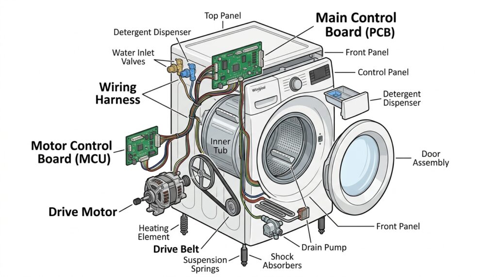 Faulty drive motor causing Whirlpool washer F7 E1 error code