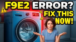 Whirlpool washer displaying F9E2 error code with water inside drum, indicating drain pump system problem.