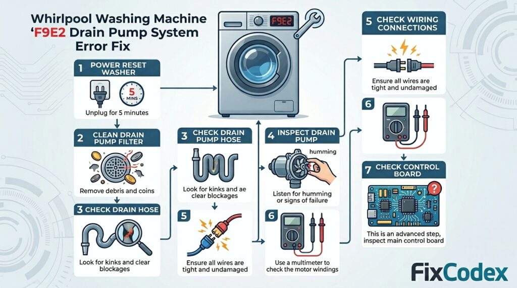 Step-by-step infographic showing how to fix Whirlpool washer F9E2 error, including reset, filter cleaning, hose check, pump inspection, wiring check, pump replacement, and control board diagnosis.