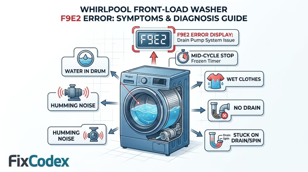 Diagram of Whirlpool washer F9E2 error showing drain pump system symptoms including no draining, wet clothes, mid-cycle stop, humming noise, and water remaining in drum.