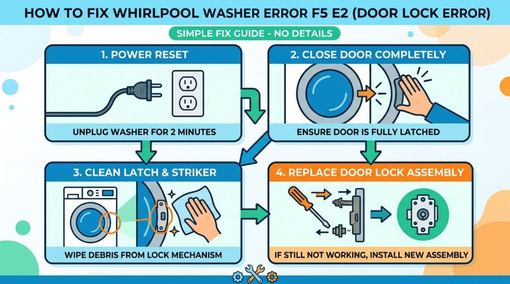 Whirlpool front load washer displaying F5 E2 error code on control panel