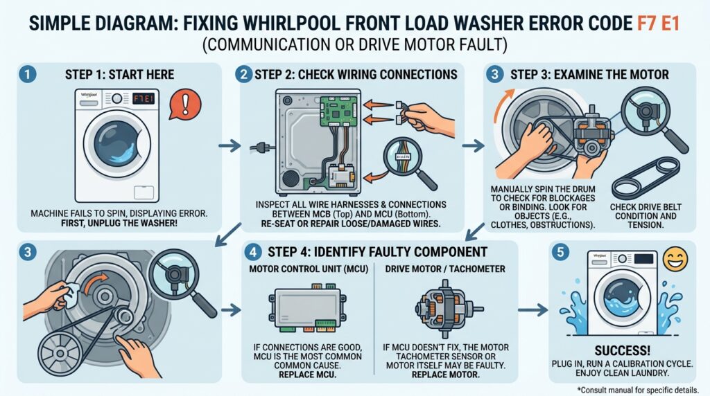 How to fix Whirlpool front load washer error code F7 E1 caused by a motor speed sensing problem