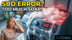Whirlpool washer showing Sd / SUD error with heavy soap foam overflowing from drum, indicating excess suds problem.