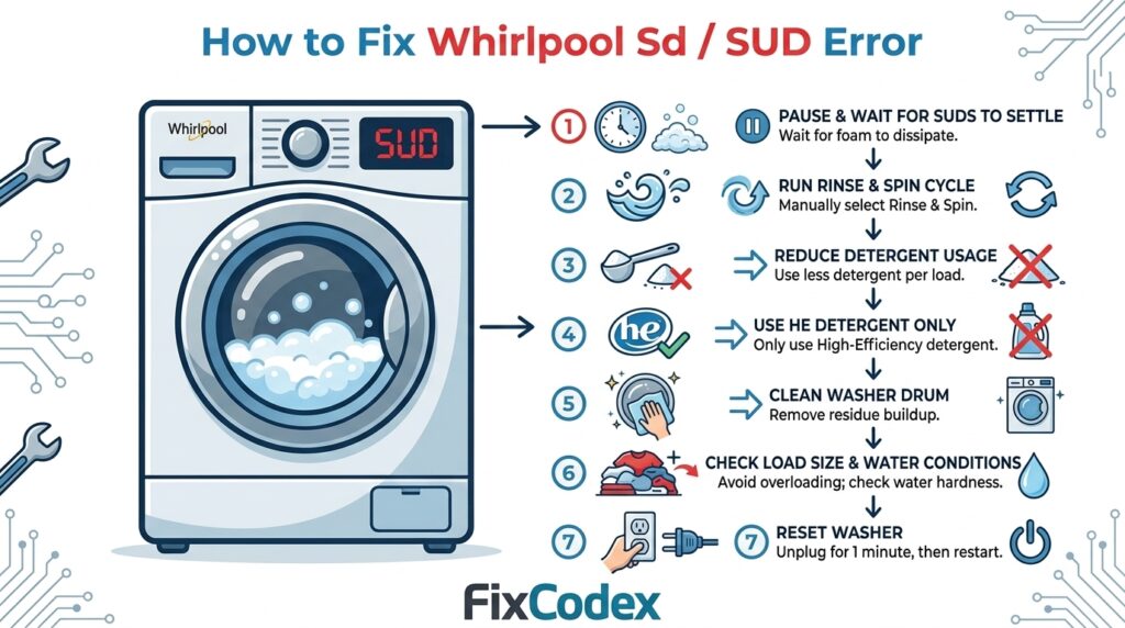 Step-by-step infographic showing how to fix Whirlpool Sd / SUD error, including pausing cycle, rinse and spin, reducing detergent, using HE detergent, cleaning drum, checking load, and resetting washer.