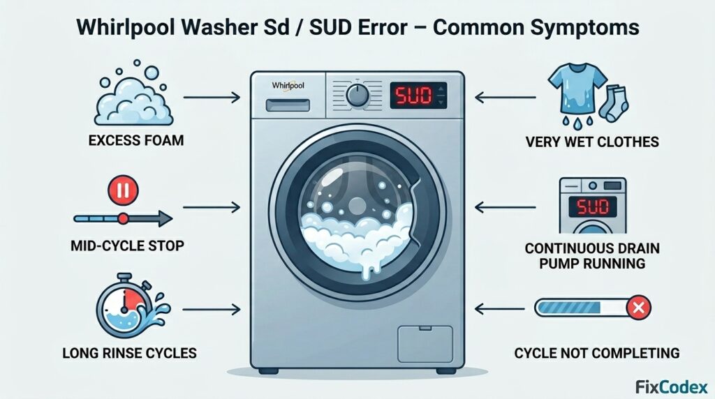 Diagram of Whirlpool washer Sd / SUD error showing common symptoms including excess foam, mid-cycle stop, long rinse cycles, wet clothes, and cycle failure.