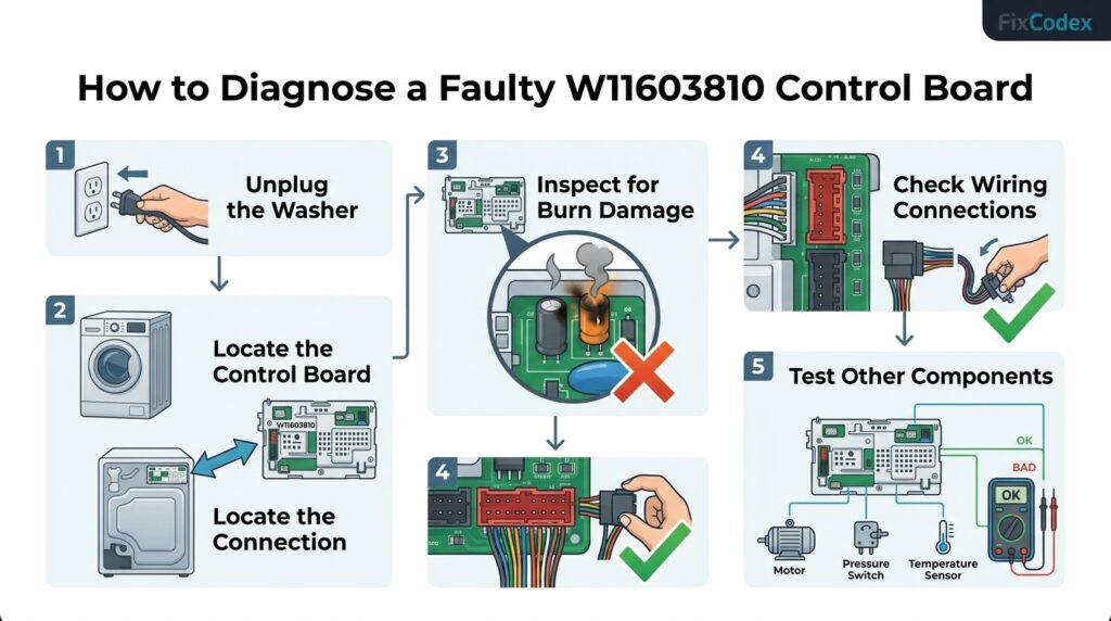 Whirlpool washer W11603810 control board diagnosis diagram with troubleshooting steps for identifying board failure