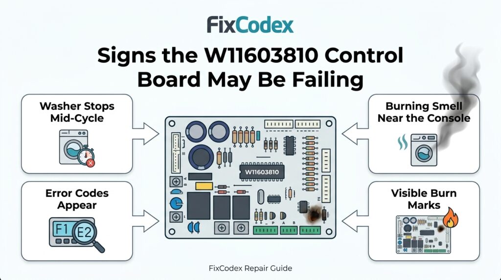 Whirlpool washer W11603810 control board failure symptoms diagram with error codes, burning smell, and cycle interruption signs