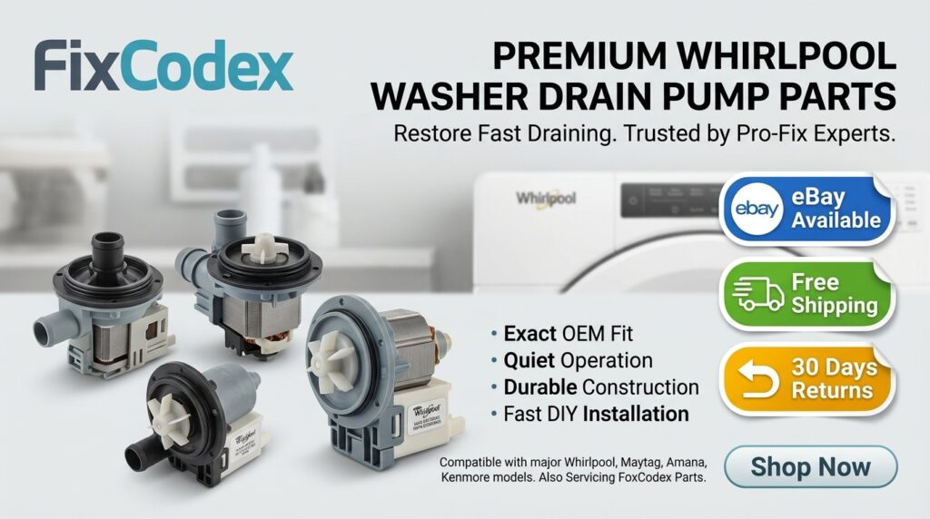 Whirlpool washer drain pump replacement parts displayed with promotional labels for eBay availability, free shipping, and 30 days returns.