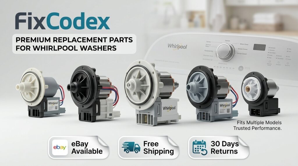 Whirlpool washer drain pump replacement parts displayed with promotional labels for eBay availability, free shipping, and 30 days returns.