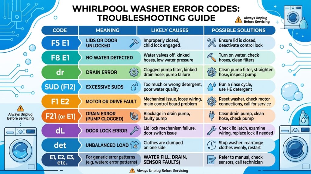 Complete guide to Whirlpool washer error codes with troubleshooting steps and common fixes for front load washing machines