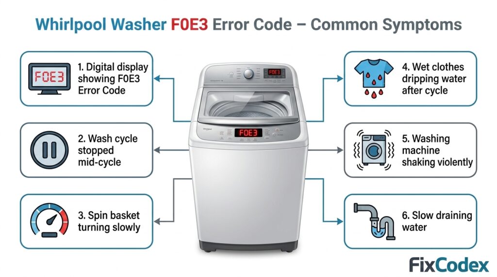 Whirlpool Washer F0E3 Error Code common symptoms infographic showing overload condition, stopped wash cycle, low spin speed, wet laundry, excessive vibration, and slow draining.