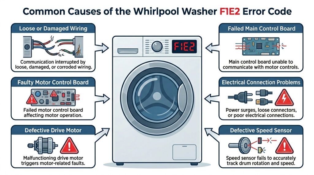 Diagram showing the common causes of the Whirlpool Washer F1E2 Error Code, including damaged wiring, faulty motor control board, defective drive motor, failed main control board, and electrical connection problems.