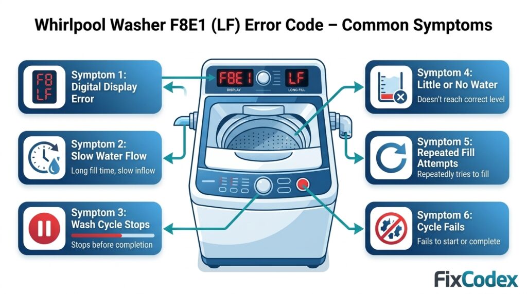 Infographic showing common symptoms of the Whirlpool Washer F8E1 (LF) Long Fill Error, including slow water filling, cycle interruptions, low water flow, repeated fill attempts, and incomplete wash cycles.