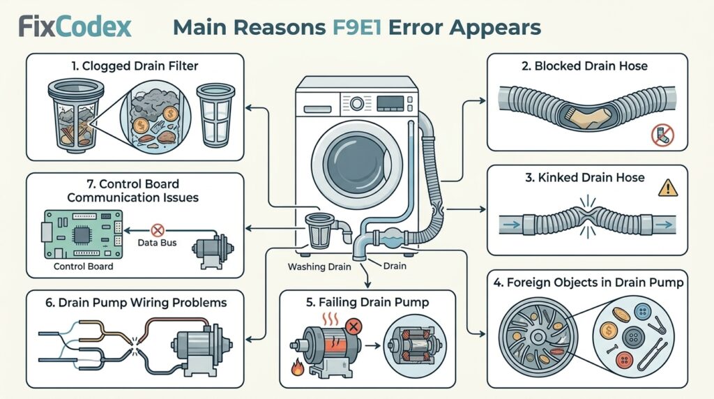 Common causes of Whirlpool washer error code F9E1 including clogged drain filter, blocked drain hose, drain pump obstruction, and drain pump failure
