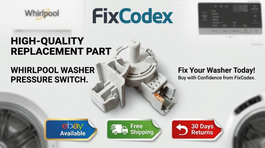 Whirlpool washer pressure switch replacement part with promotional labels including Shop Now, eBay availability, free shipping, and 30 days returns.