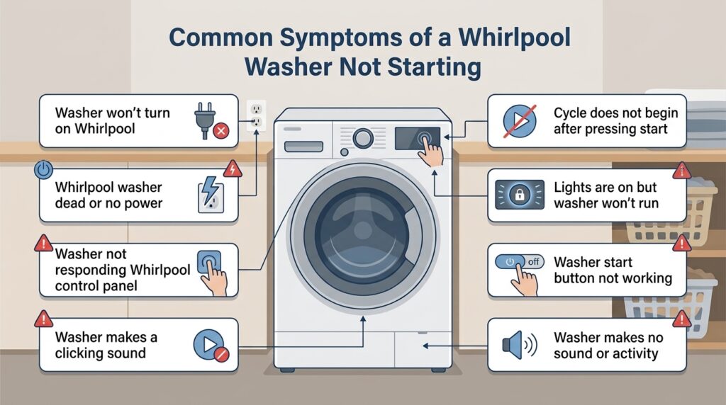 Diagram showing common symptoms of a Whirlpool washer not starting including no power, unresponsive control panel, and start button failure