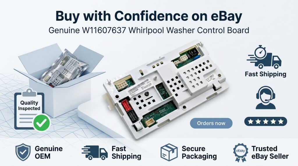 Buy W11607637 Whirlpool washer control board on eBay from a trusted seller offering genuine OEM parts, fast shipping, secure packaging, and reliable customer support.