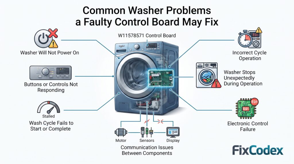Diagram showing common Whirlpool washer problems caused by a faulty W11578571 control board including power failure, unresponsive controls, cycle errors, and communication issues
